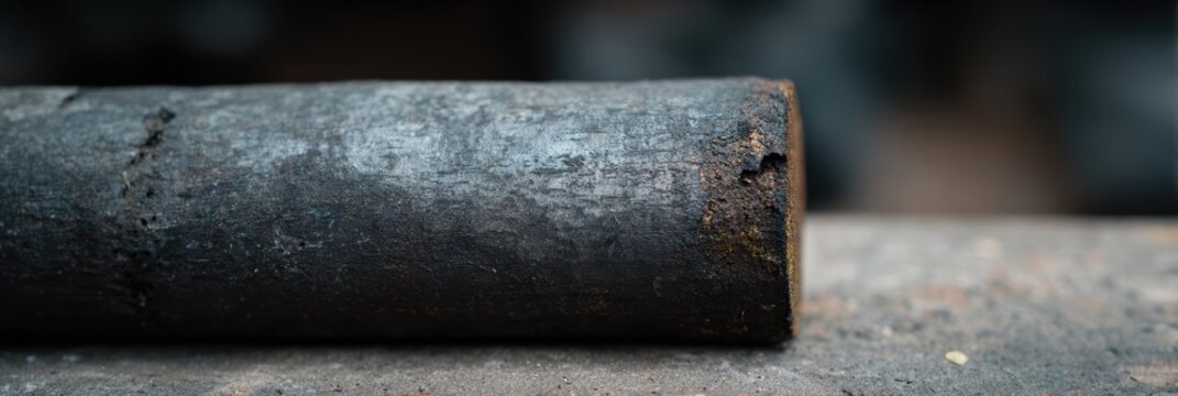 作業面上の錆びた金属パイプを間近で見る