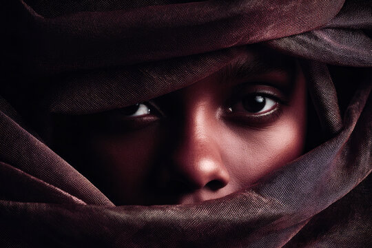 Close up portrait of a beautiful woman with a fabric partially covering her face revealing only the irises and eyelashes highlighting the mysterious gaze.