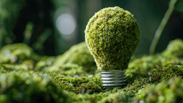 Moss covered lightbulb symbolizing recycling renewable energy and emission reduction for environmental sustainability innovation and green technology awareness campaigns.