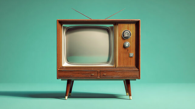 Old vintage retro television on wood table with mint blue background .
