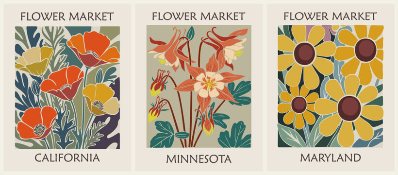 Set of Flower Market retro posters with USA state flowers, California Poppy, Minnesota Columbines, Maryland Black Eyed Susan. Vibrant flowers bloom in each states unique style. 
