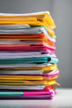 A tall vertical stack of colorful file folders and office documents sits on a desk against a grey background. This represents high volume paperwork.