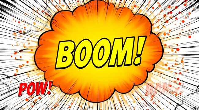 Comic book boom explosion animation, retro pop art speech bubble with pow text, dynamic action background with speed lines and halftone dots