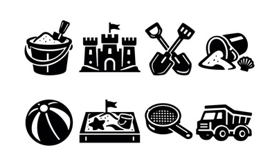 Beach and sand playtime vector silhouette set featuring buckets shovels sandcastles and toys © UnIcons