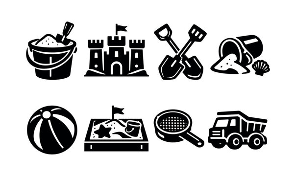 Beach and sand playtime vector silhouette set featuring buckets shovels sandcastles and toys