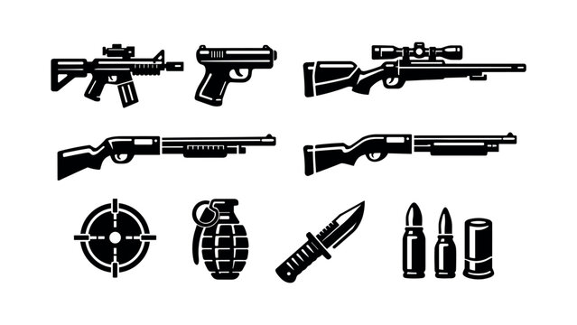 Weapon silhouette vector set with assault rifles handguns sniper rifle shotguns grenade and ammo