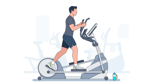 An athletic man maintains his fitness with a low-impact, full-body workout on an elliptical machine, depicted in a modern flat design.