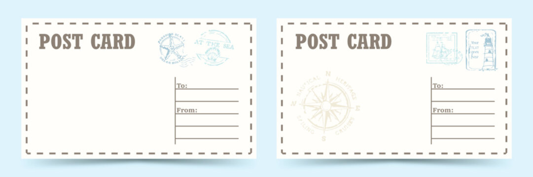 Vintage summer postcard template set with nautical elements and address layout