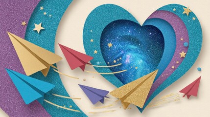 Multicolored paper airplanes fly around a layered glitter heart featuring a cosmic galaxy background and golden stars on a textured paper surface.