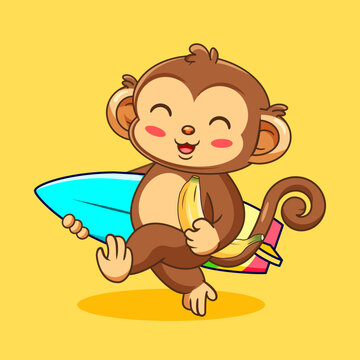 Cute Cartoon Monkey with Surfboard and Banana Ready for Surfing in Summer Vector Illustration