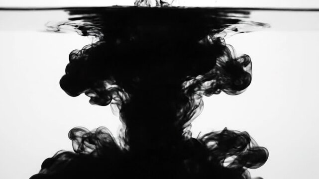 Black ink dissolving and spreading through water in a clear glass vessel against a bright white background