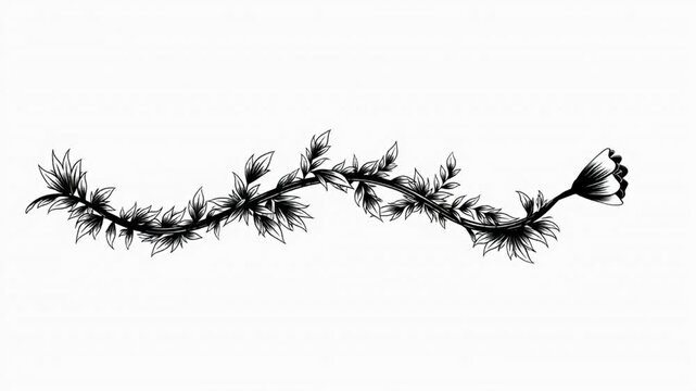 Monochrome illustration of a floral vine with sharp leaves and a bud