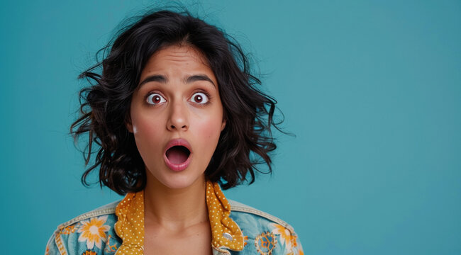 Young indian woman giving shocking expression on blue background