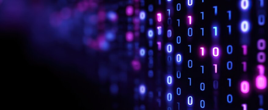 A vibrant blue and purple gradient evokes excitement in the digital code background and machine learning data.