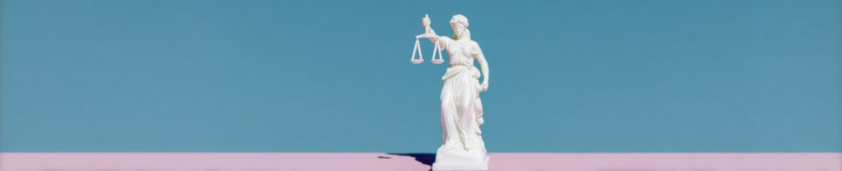 Obraz premium Lady Justice Statue Holding Scales Against Blue Background for Law Firm Banner with Copy Space, Symbolizing Legal Profession, Fairness, and Judicial Integrity