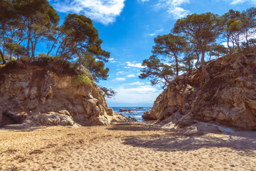Panoramic view of a hidden sandy cove, framed by rocky cliffs and pine trees with the sea in the background on the Costa Brava, Mediterranean coast of Spain.