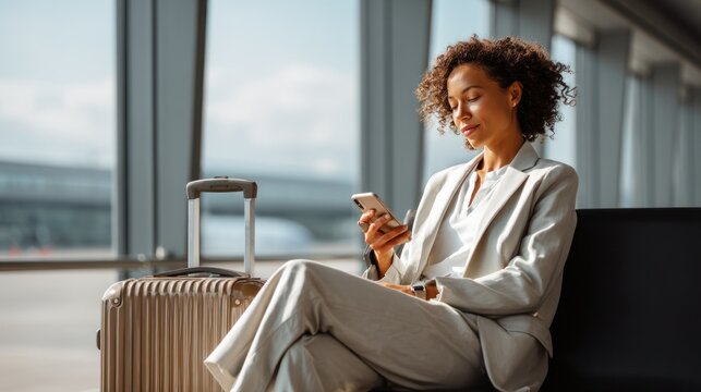 Young African American woman in her 20s with brown skin and curly hair uses a phone in an airport terminal next to a suitcase.