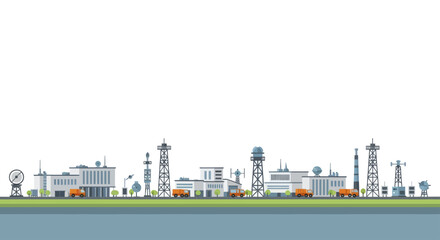 Obraz premium Industrial landscape with factories, power plants, and communication towers.