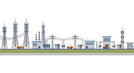 Obraz premium Industrial landscape with various communication towers and power lines.