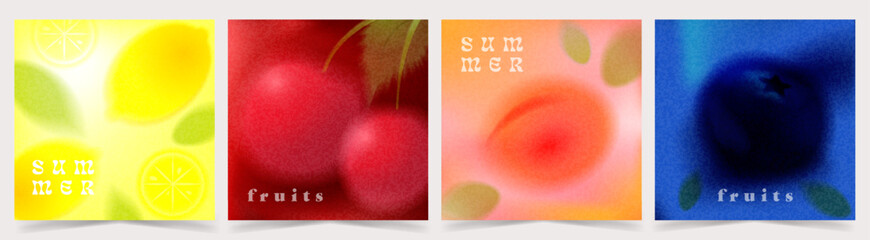 Summer fruit vibrant tropical gradient cards set with blurred abstract citrus, berry shapes, retro airbrush texture. Vector collection of grainy backgrounds and bold seasonal color palette. © loli
