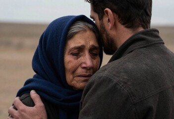 Fototapeta premium Grieving Woman Comforted by Man in Barren Landscape Emotional Scene
