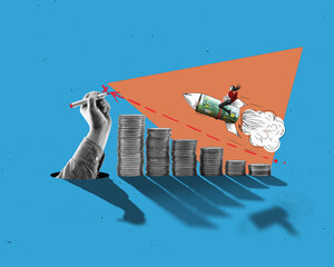 Art collage. Launch of a money rocket with a smiling business woman. A successful career with support. Leadership, leading to success or business vision concept