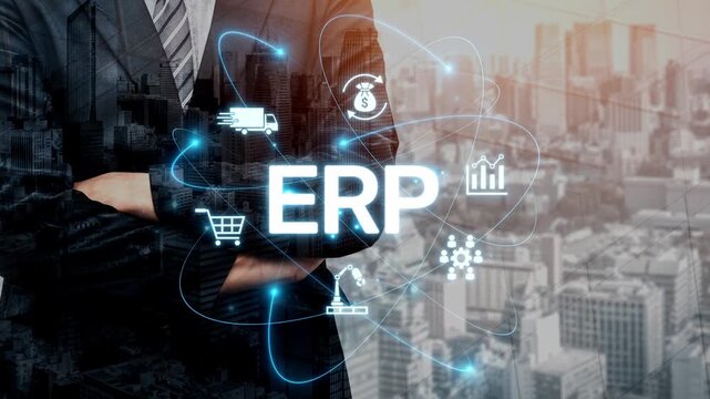 ERP platform visual showing centralized system for enterprise resource planning, improving integration, data flow, business efficiency, finance, inventory, and human resources. Muxer