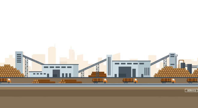 Industrial Timber Processing Plant with Log Piles and Trucks.