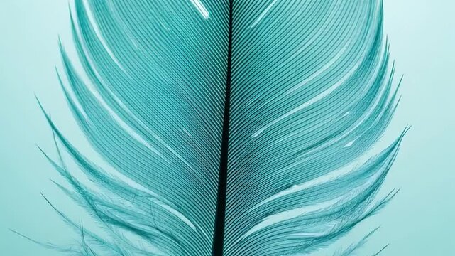 A serene blue feather displayed on a light blue background in a close-up view, showcasing its delicate details and soft texture.