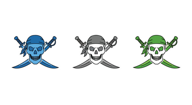 Three stylized pirate skull emblems with crossed cutlasses in blue, gray, and green color variations