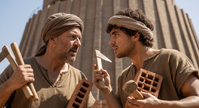 Two ancient workers arguing at the construction of the Tower of Babel. Biblical religious concept of language confusion and misunderstanding. Men holding bricks and tools in front of a ziggurat