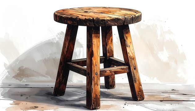 A rustic wooden stool against a white background