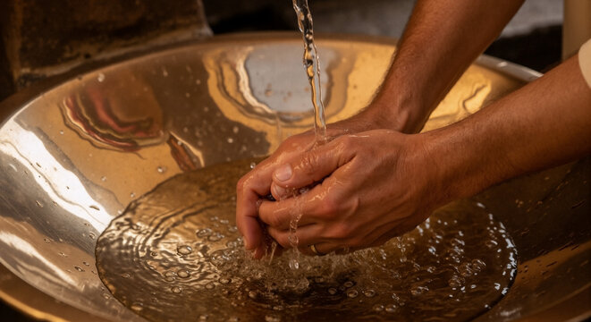 Close-up of male hands washing in a bronze basin. Water pouring over hands for ritual purification. Biblical temple laver concept for religious cleansing ceremony