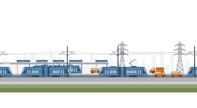 Modern Electric Trains and Maintenance Vehicles at a Railway Station.