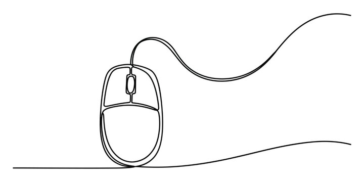A single continuous line drawing of a computer mouse with a scrolling wheel and long connecting cord