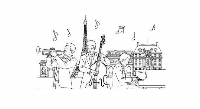 A Parisian jazz band plays music with iconic landmarks in the background