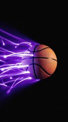 Fototapeta premium Basketball with neon energy trails on dark background, sport speed concept, dynamic motion, futuristic style.