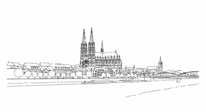 A pen sketch showcases a historic European city's skyline across a river