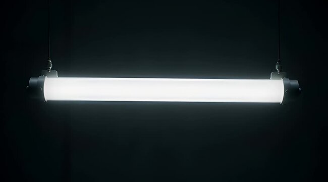 Illuminated industrial light fixture suspended against a dark background creating contrast
