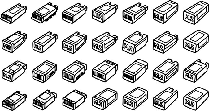 Black and White Line Art of M.2 SSD Drives, Technology Components