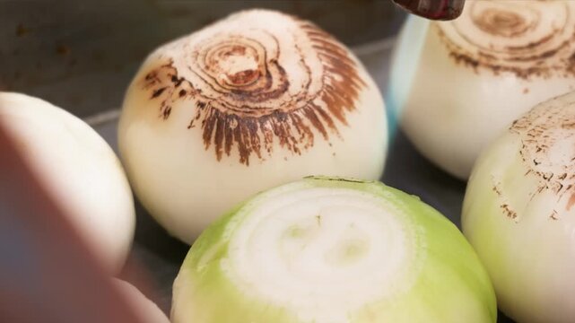 A professional chef uses a gas culinary torch to sear and caramelize the top of whole peeled white onions in a stainless steel pan.