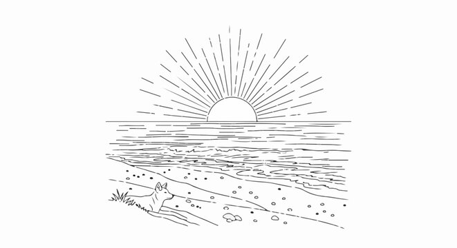 A line drawing depicts a stylized sunrise over a calm ocean, with waves lapping a sandy shore where a dog rests