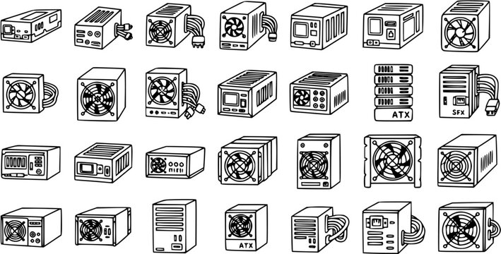 Black and White Line Art Icons of Computer Power Supply Units (PSUs) for Technology Niche