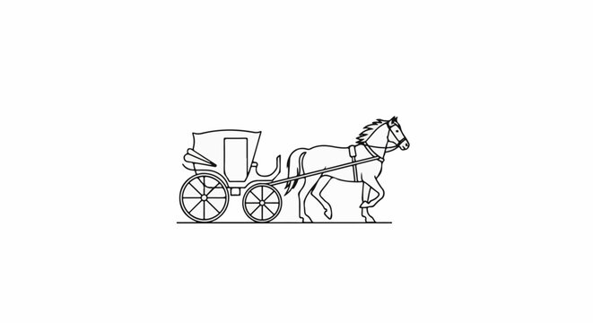A horse pulls a carriage on a white background in black line art