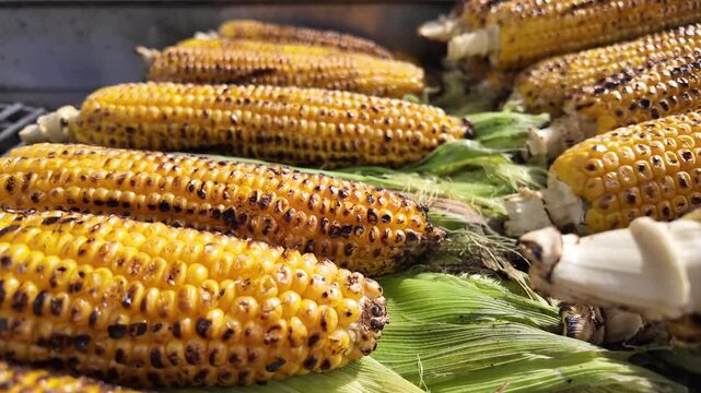 Freshly grilled corn on the cob with green husks close up video clip in slow motion.