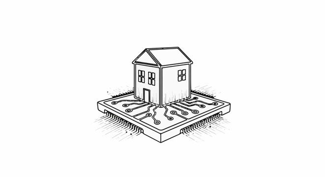 A house sits on a computer chip with integrated circuits and wires