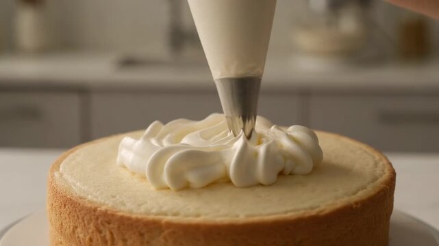 Cream Being Piped onto Dessert Cake Close-Up