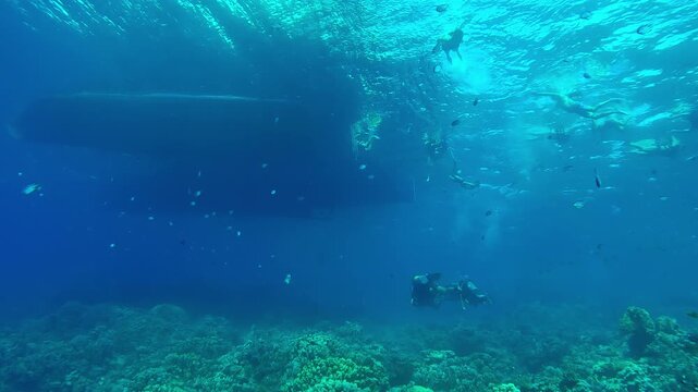 Group of snorkelers swims in the coral garden next to diving boats, scuba divers swimming underneath them, Slow motion of boat over coral reef, tourists and scuba floats nearby