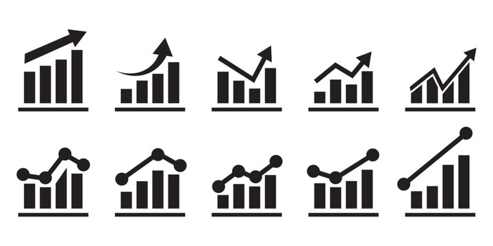 Growing graphic chart icon set. Growing bar chart icon set.  glyph graph bar. Containing arrow up, growing graph, business chart icons.