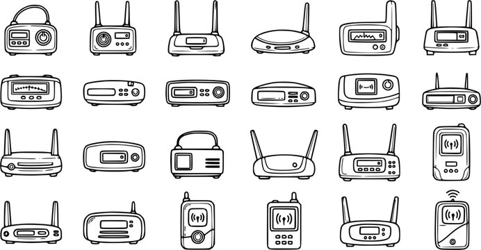 Black and White Line Art Collection of Wireless Routers, Modems, and Network Devices